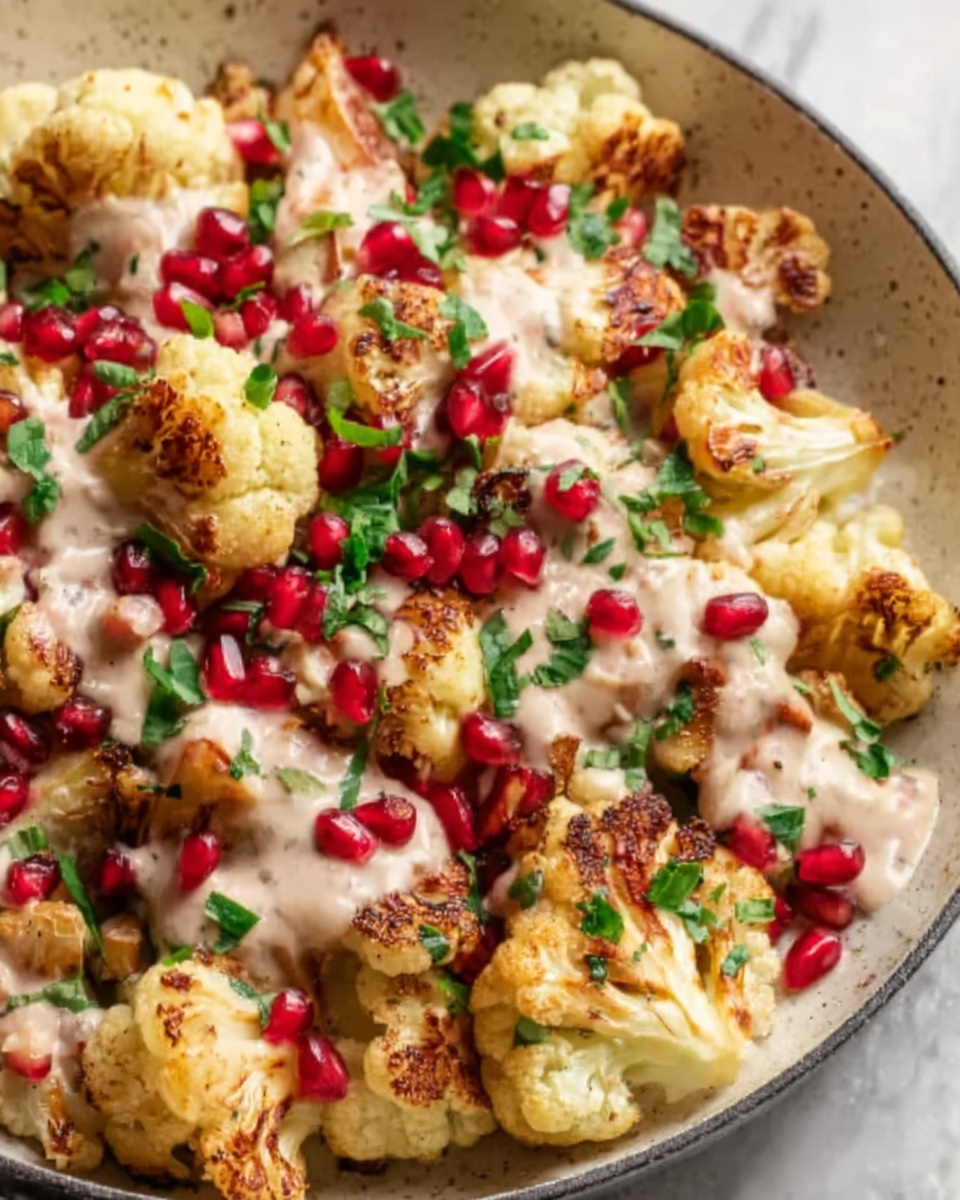 Roasted Cauliflower with Garlic Tahini Sauce and Pomegranate Recipe - Recipe Image