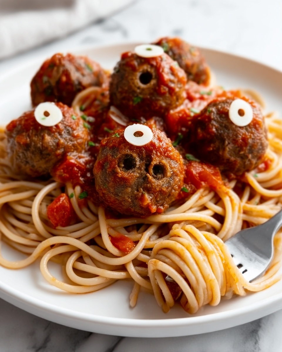 Easy Halloween Zombie Eye Meatballs with Spaghetti Recipe - Recipe Image