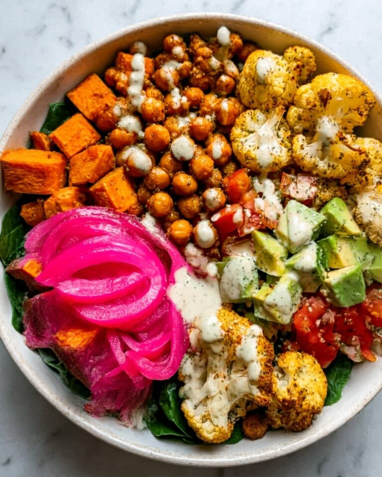 Roasted Cauliflower, Sweet Potato, and Chickpea Bowl with Tzatziki and Tahini Dressing Recipe