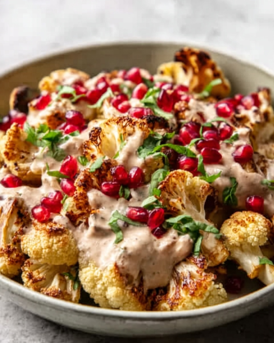 Roasted Cauliflower with Garlic Tahini Sauce and Pomegranate Recipe - Recipe Image