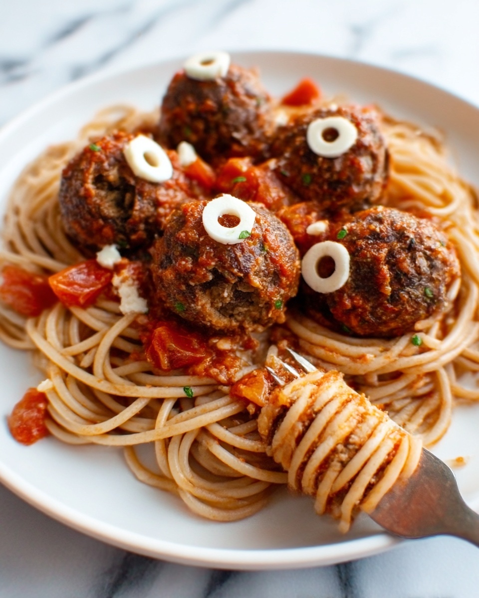 Easy Halloween Zombie Eye Meatballs with Spaghetti Recipe - Recipe Image