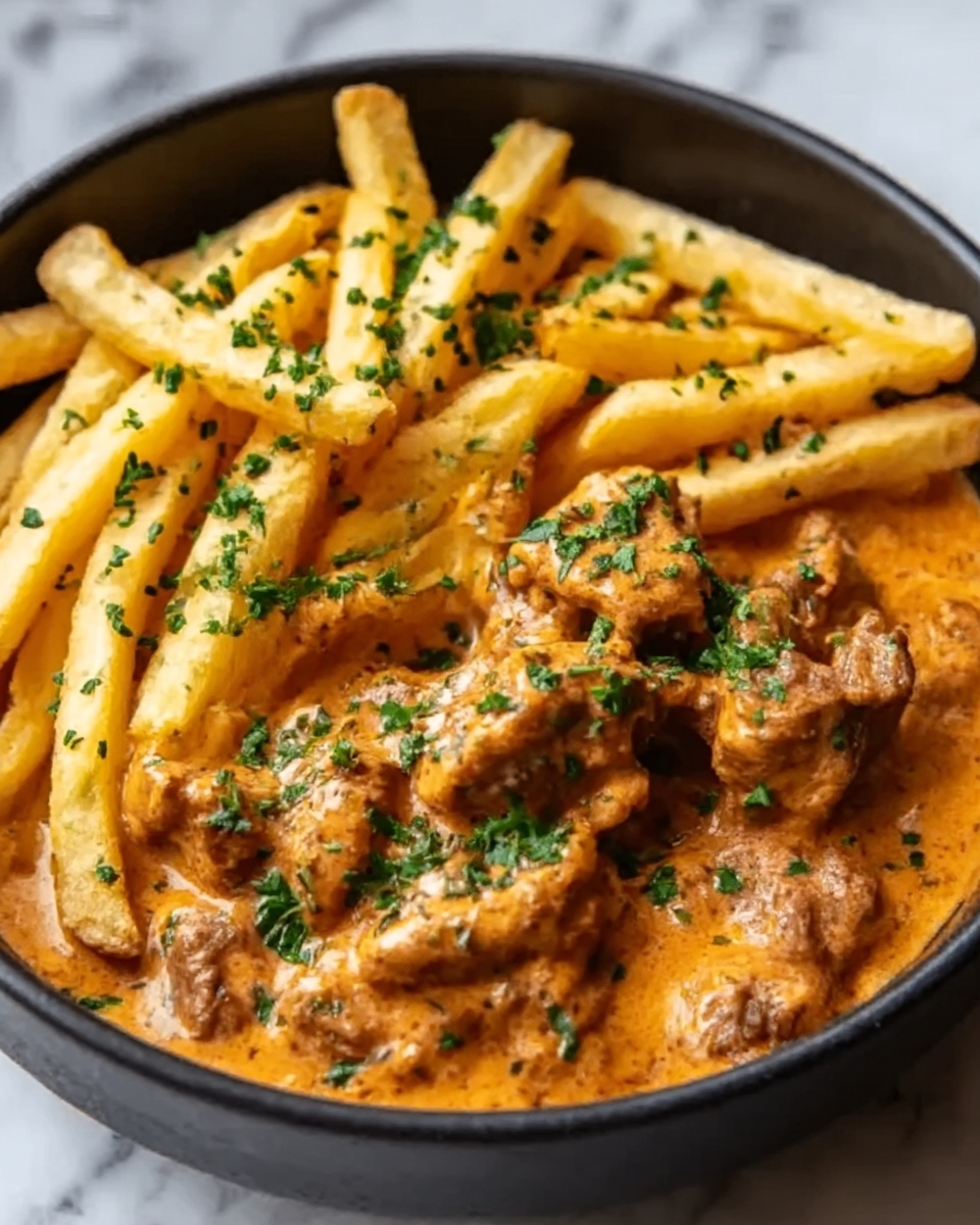 Creamy Butter Chicken in Garlic-Infused Sauce with Golden Crispy Fries Recipe - Recipe Image