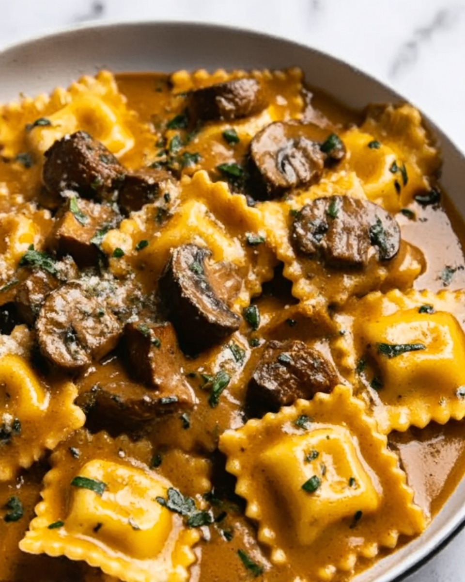 One-Skillet Garlic Butter Steak & Cheese Ravioli Recipe - Recipe Image