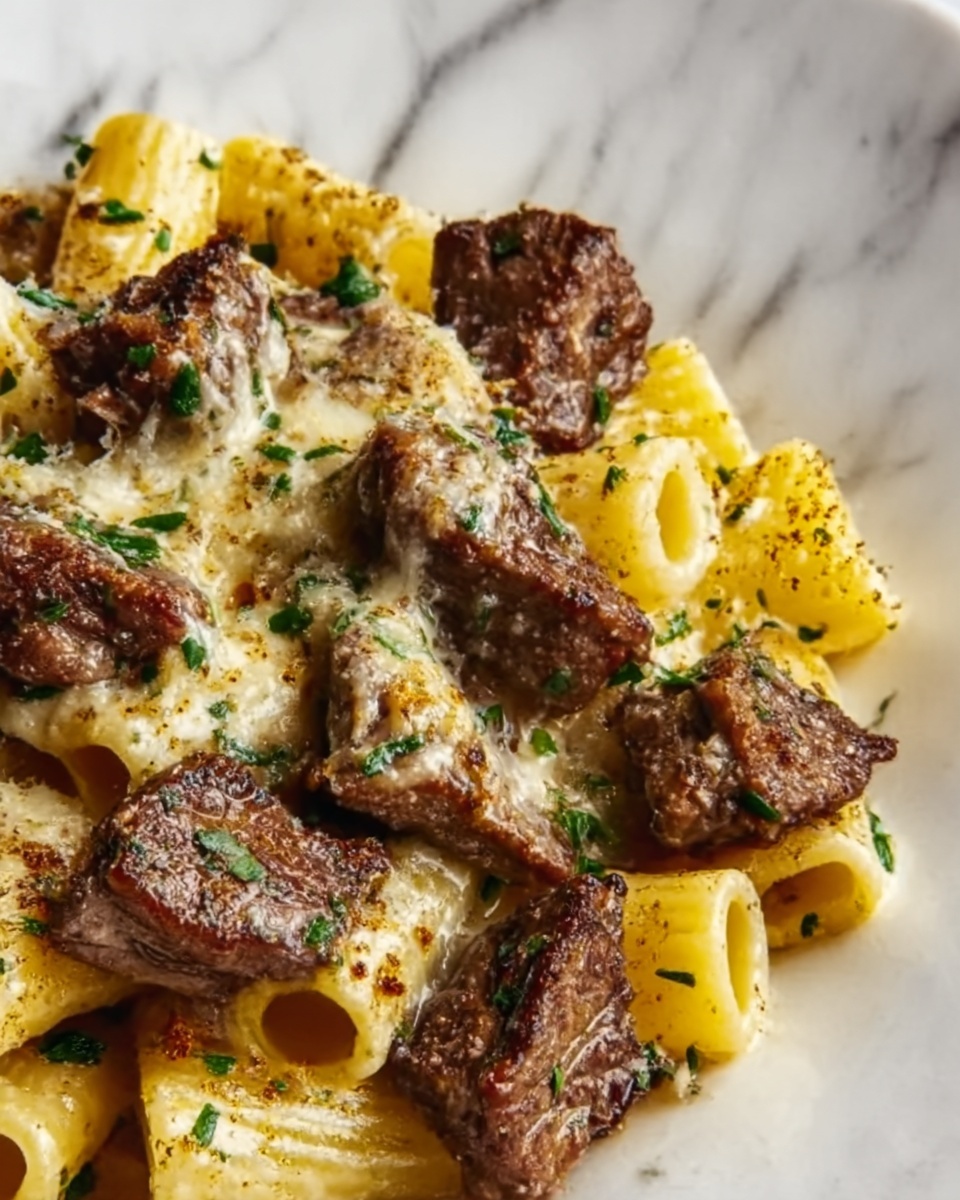 Garlic Butter Steak Tips with Cheesy Rigatoni Recipe - Recipe Image