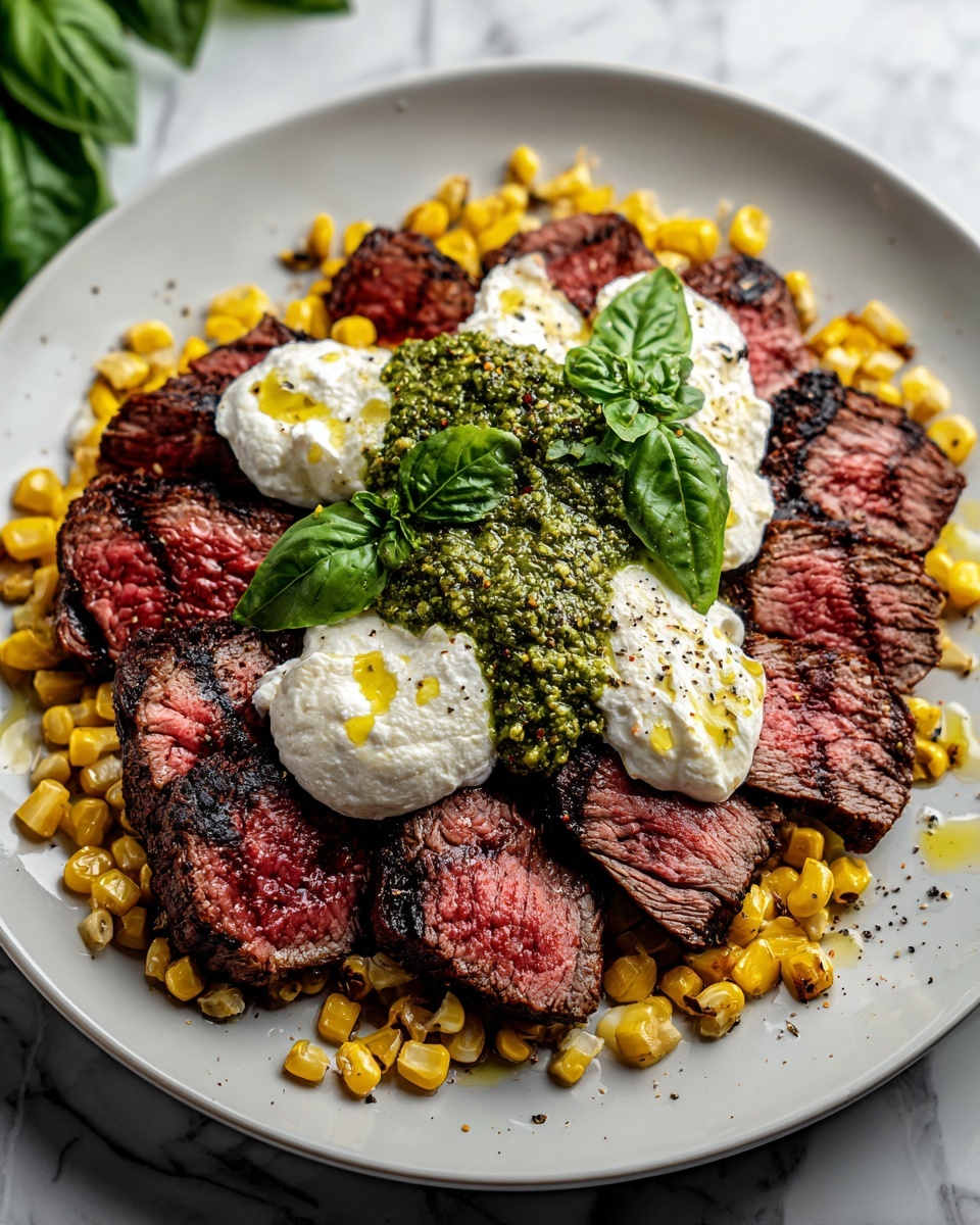 Grilled Flank Steak with Burrata & Pesto Recipe - Recipe Image