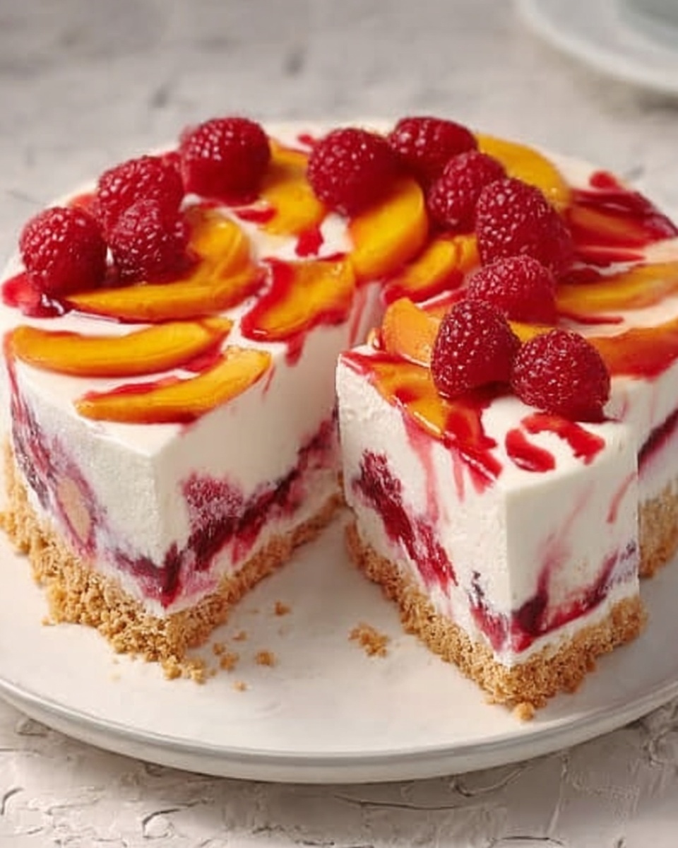Summer Bliss Peach and Raspberry Cheesecake Delight Recipe - Recipe Image
