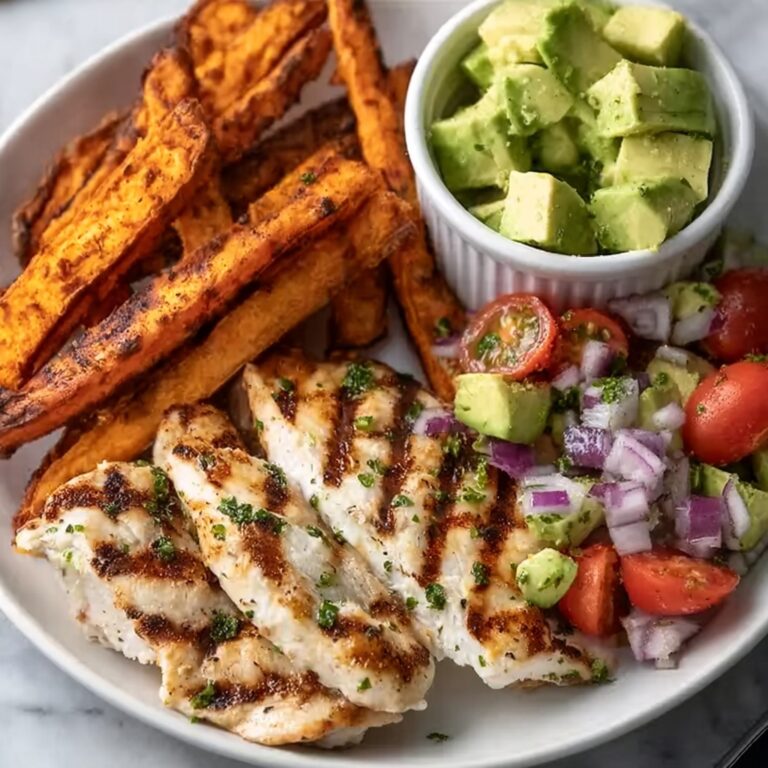 Chicken with Sweet Potato Fries & Avocado Salsa Recipe
