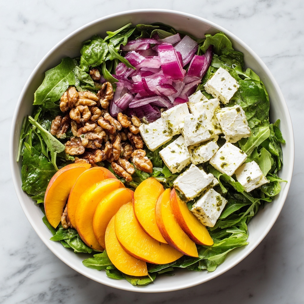 Peach and Arugula Salad with Goat Cheese, Pecans, and Balsamic Dressing Recipe - Recipe Image