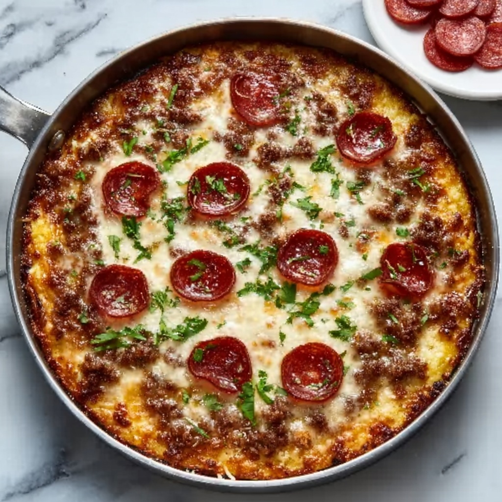 Crustless Pizza with Ground Turkey, Cheddar, and Pepperoni Recipe - Recipe Image