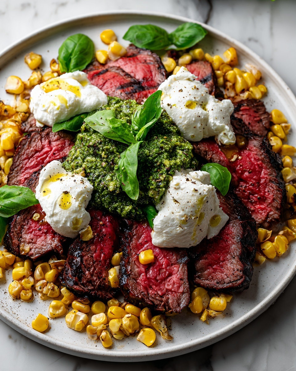 Grilled Flank Steak with Burrata & Pesto Recipe - Recipe Image