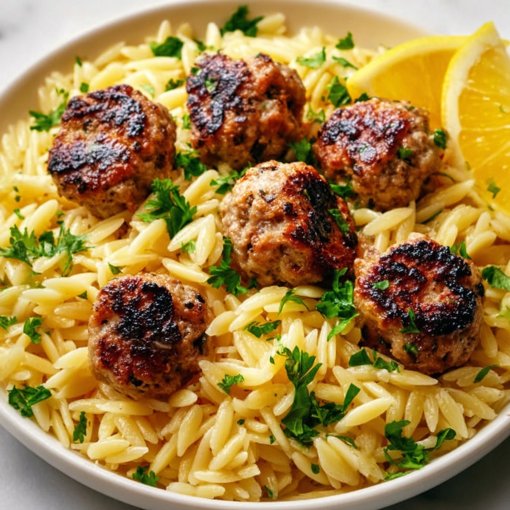 Greek Chicken Meatballs with Lemon Orzo Recipe - Recipe Image