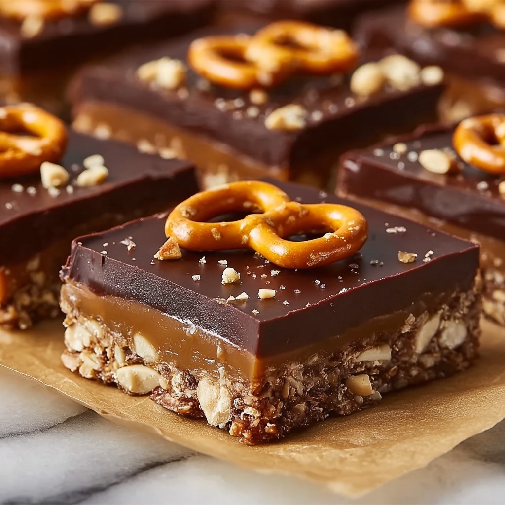 Chocolate Caramel Peanut Butter Pretzel Bars Recipe - Recipe Image