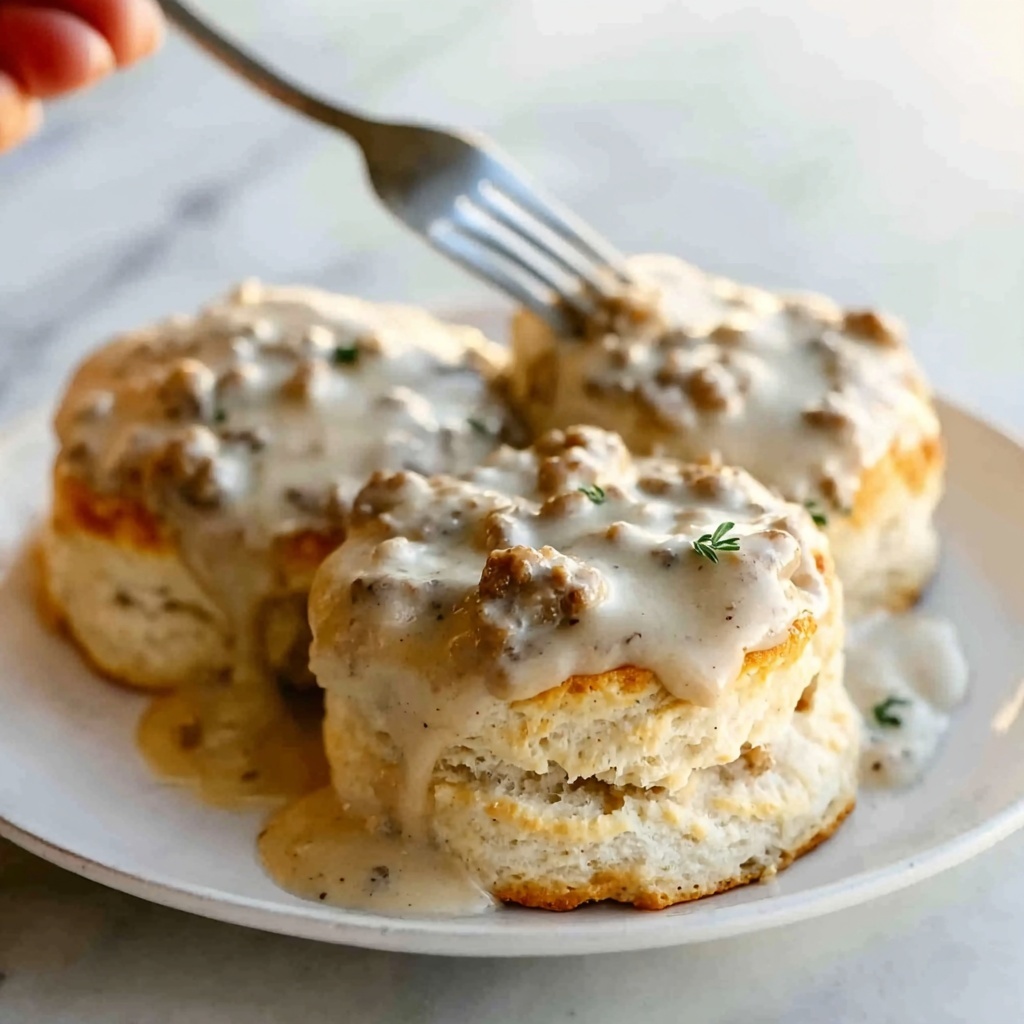 Fluffy Southern Biscuits Smothered in Creamy Sausage Gravy Recipe - Recipe Image