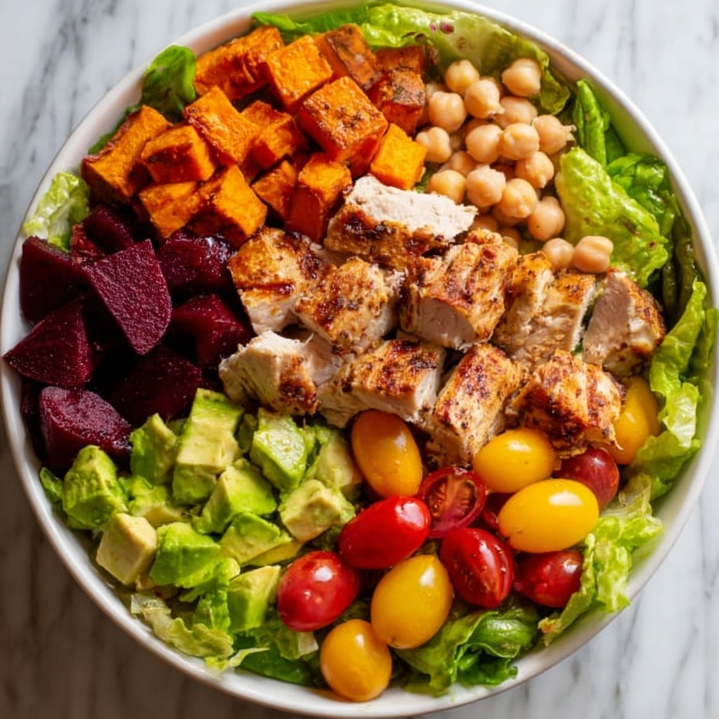 California Cobb Salad with Roasted Sweet Potatoes, Grilled Salmon, and Mustard Herb Vinaigrette Recipe - Recipe Image