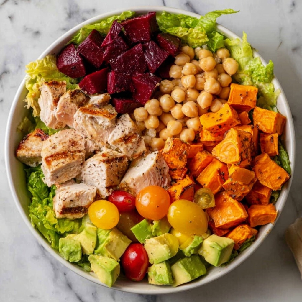 California Cobb Salad with Roasted Sweet Potatoes, Grilled Salmon, and Mustard Herb Vinaigrette Recipe - Recipe Image
