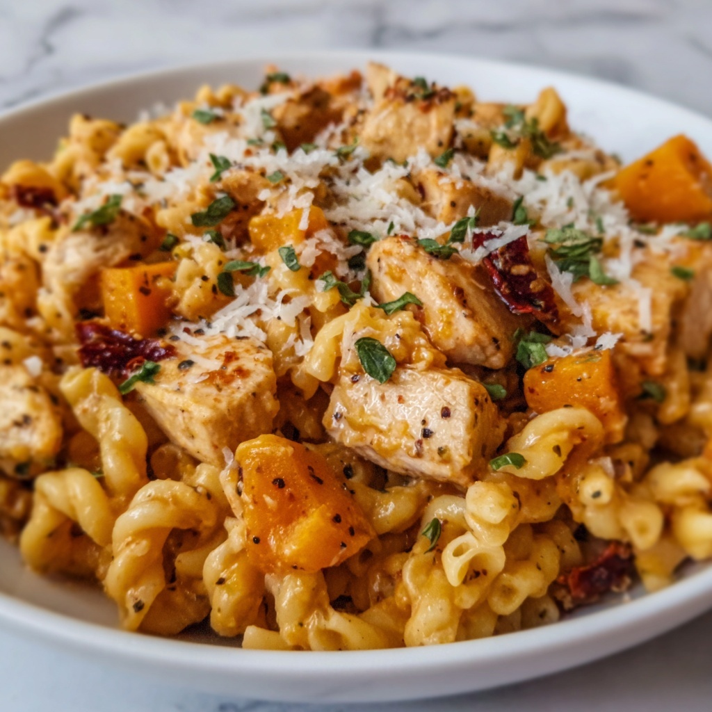 Roasted Butternut Squash and Sun-Dried Tomato Chicken Pasta Recipe - Recipe Image