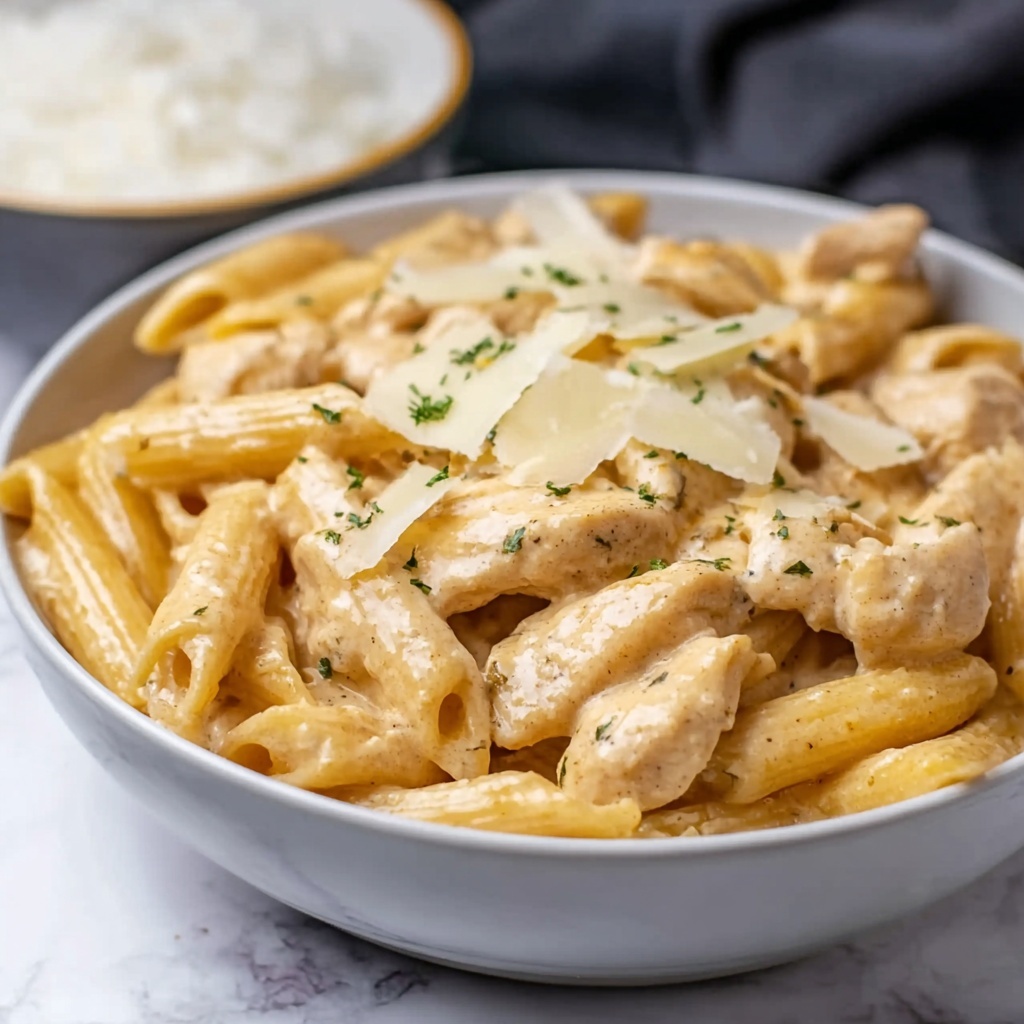Creamy Garlic Butter Chicken and Rigatoni in Parmesan Sauce Recipe - Recipe Image