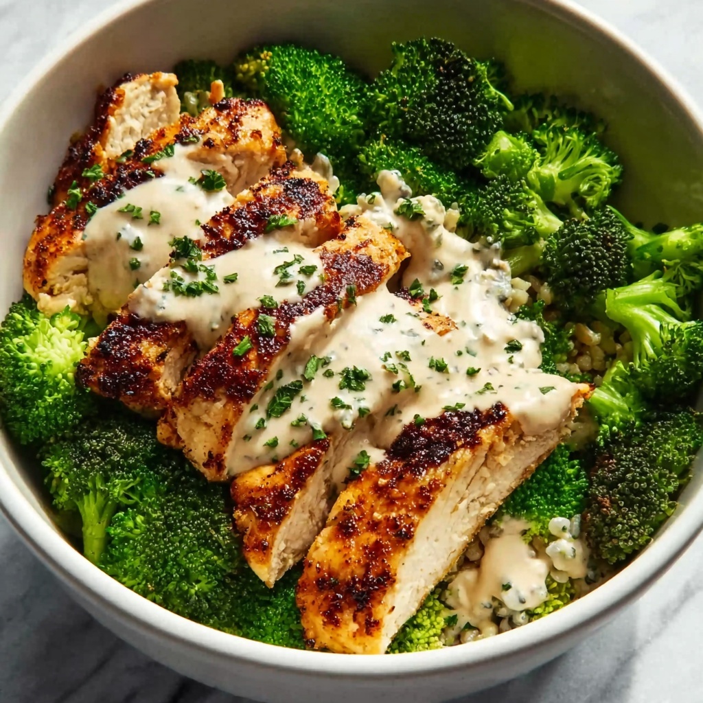 Grilled Chicken and Broccoli Bowls with Creamy Garlic Sauce Recipe - Recipe Image
