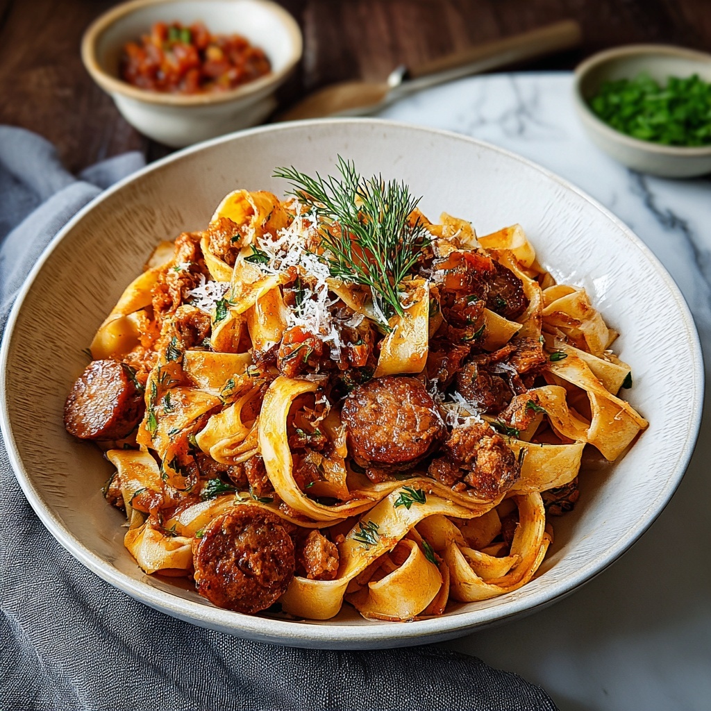Creamy Calabrian Chili Pappardelle with Beef Sausage & Fennel Recipe - Recipe Image