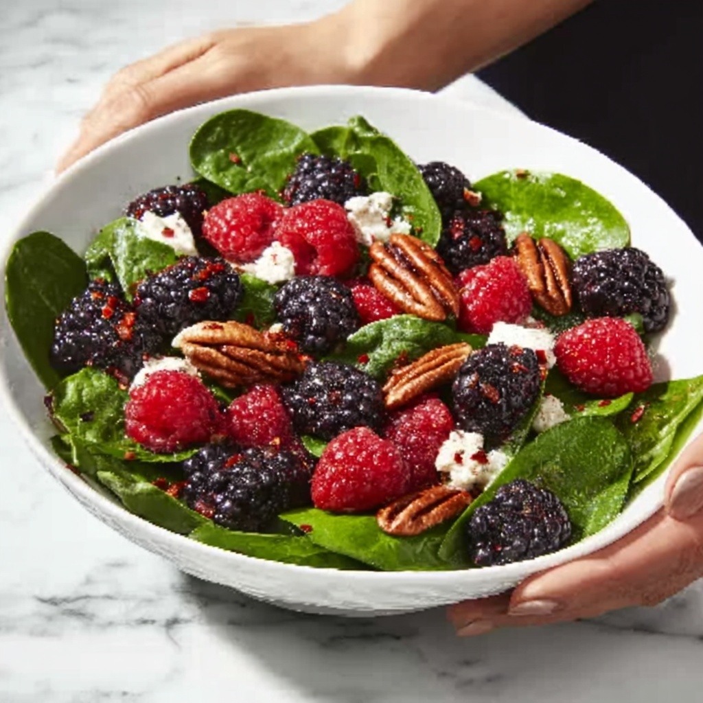 Berry Spinach Salad with Prosciutto, Pecans, Feta, and Balsamic Glaze Recipe - Recipe Image
