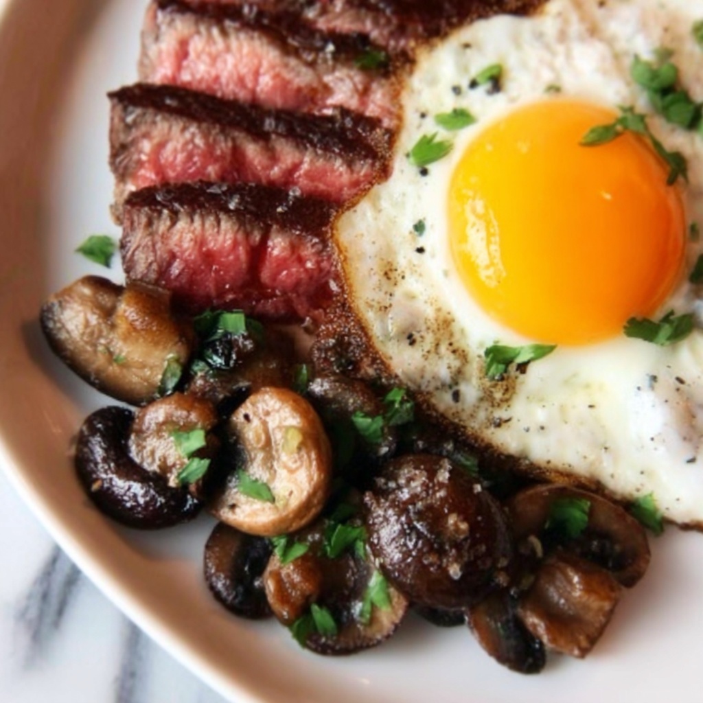 Steak and Eggs with Sautéed Mushrooms Recipe - Recipe Image