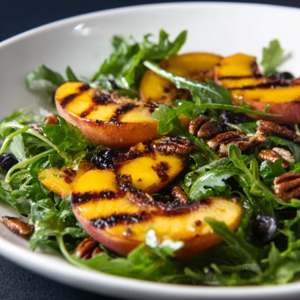 Grilled Peach Salad with Honey Vinaigrette, Candied Curry Pecans, and Fresh Blueberries Recipe - Recipe Image