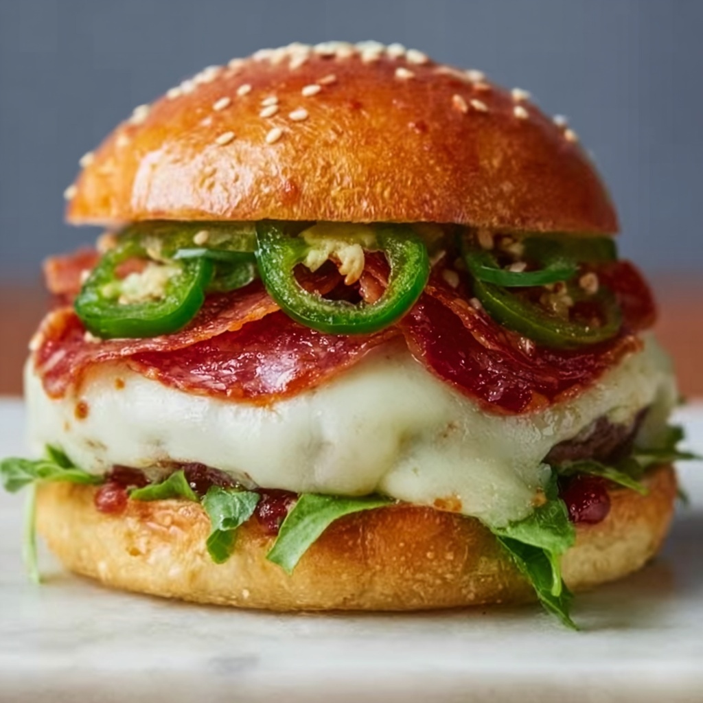 Pepperoni Burger with Provolone, Brioche Buns, and Garlic Mayo Recipe - Recipe Image