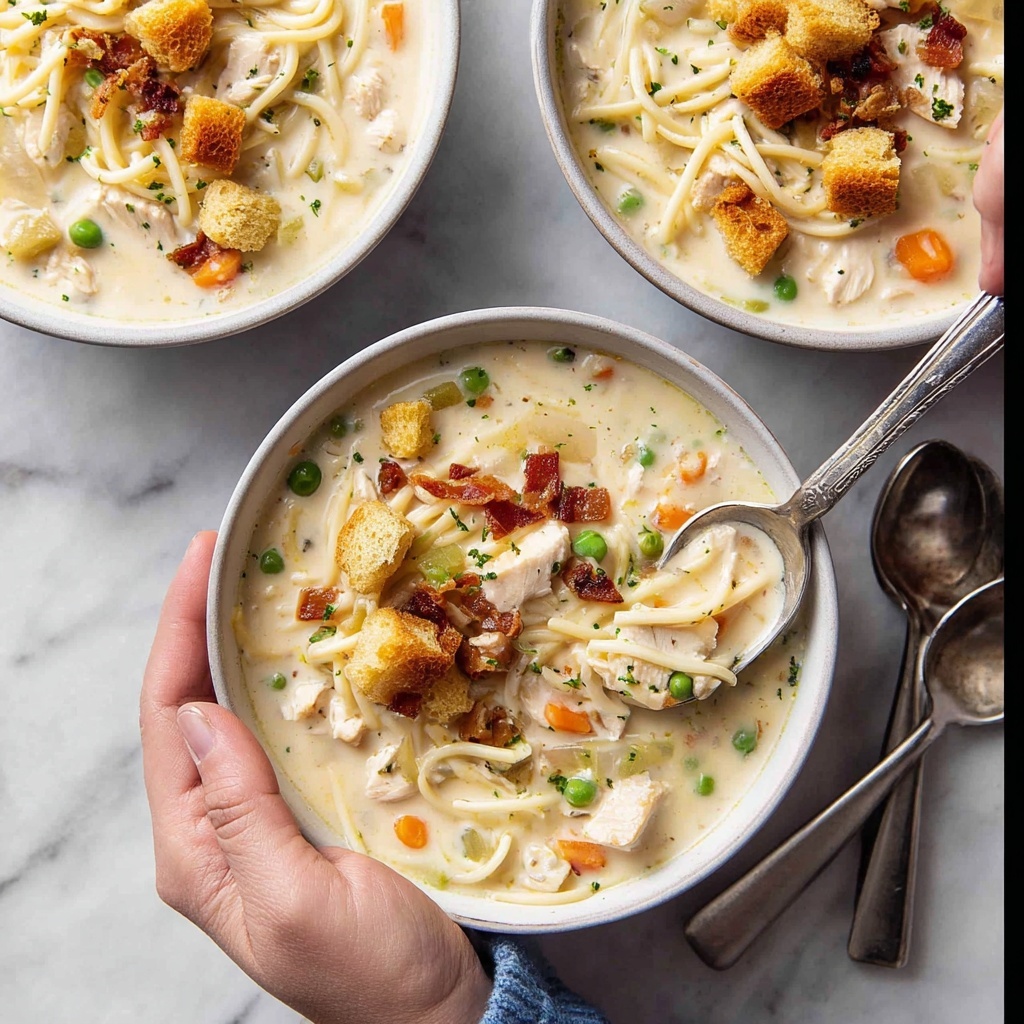 Creamy Chicken Noodle Soup with Mini Croutons and Crispy Bacon Recipe - Recipe Image