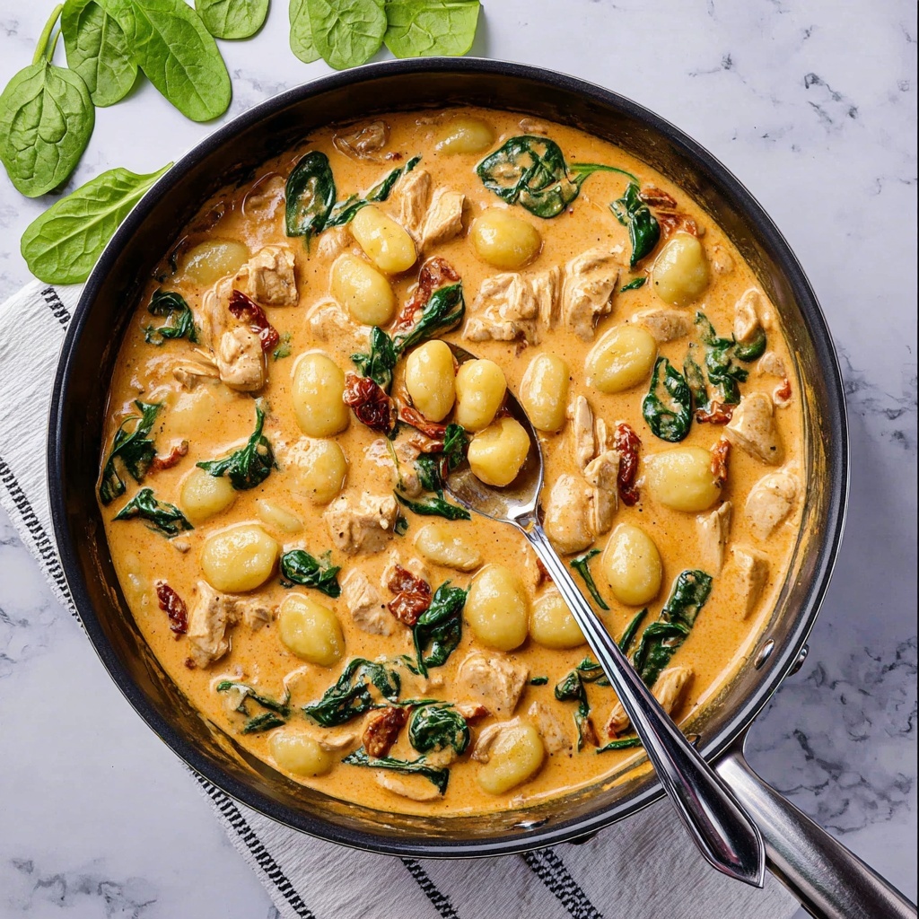 Creamy Chicken and Gnocchi skillet with Sun-Dried Tomatoes and Spinach Recipe - Recipe Image