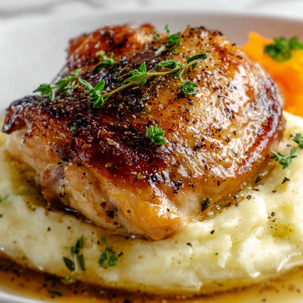 Garlic Herb Chicken Thighs with Mashed Potatoes and Honey-Glazed Carrots Recipe - Recipe Image