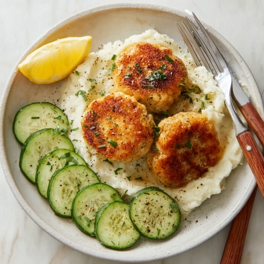 Baked Chicken Rissoles with Lemon, Mashed Potatoes, and Garlic Cucumber Salad Recipe - Recipe Image
