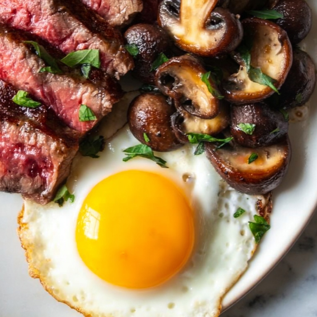 Steak and Eggs with Sautéed Mushrooms Recipe - Recipe Image