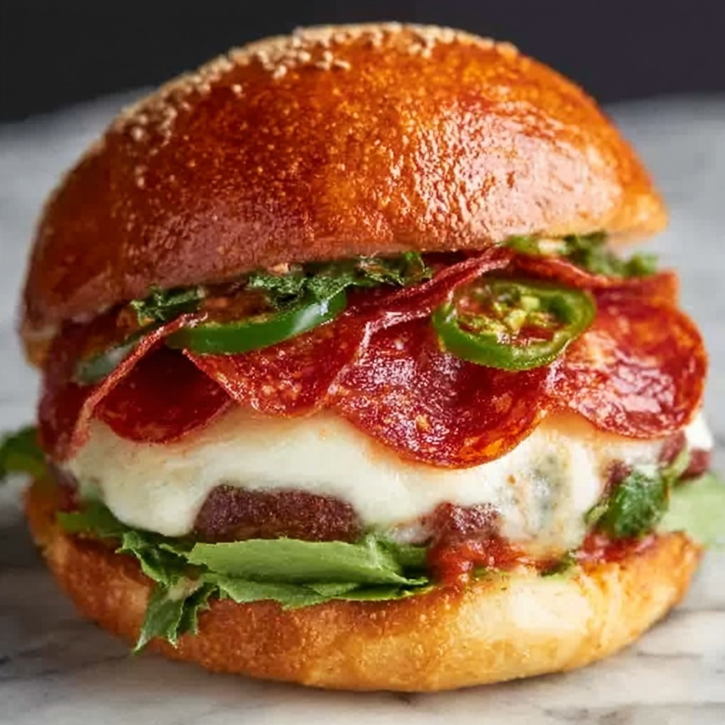 Pepperoni Burger with Provolone, Brioche Buns, and Garlic Mayo Recipe - Recipe Image