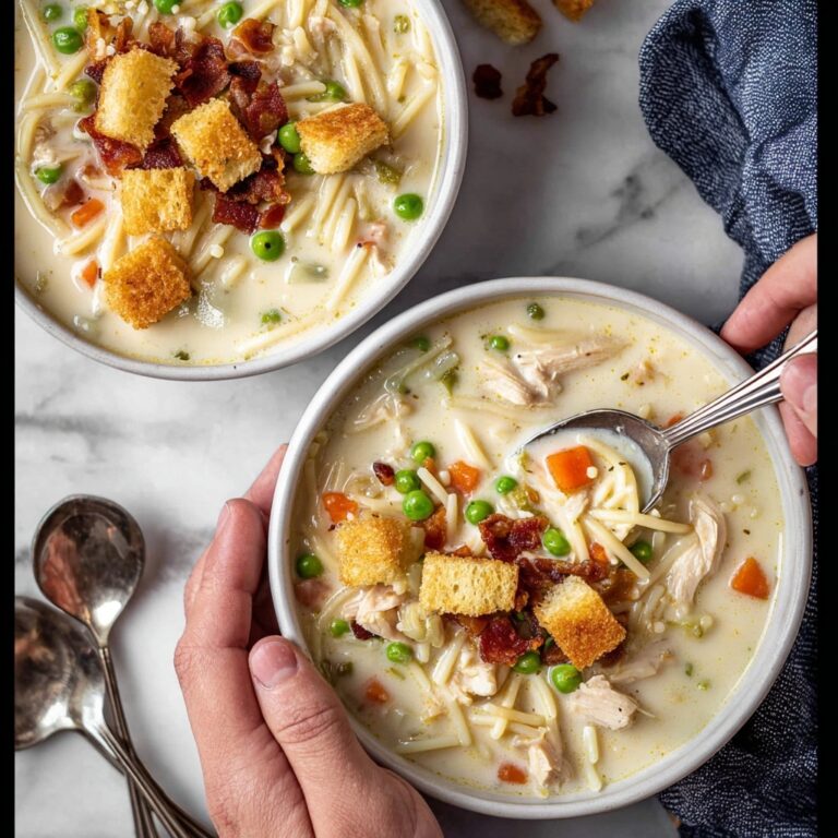 Creamy Chicken Noodle Soup with Mini Croutons and Crispy Bacon Recipe