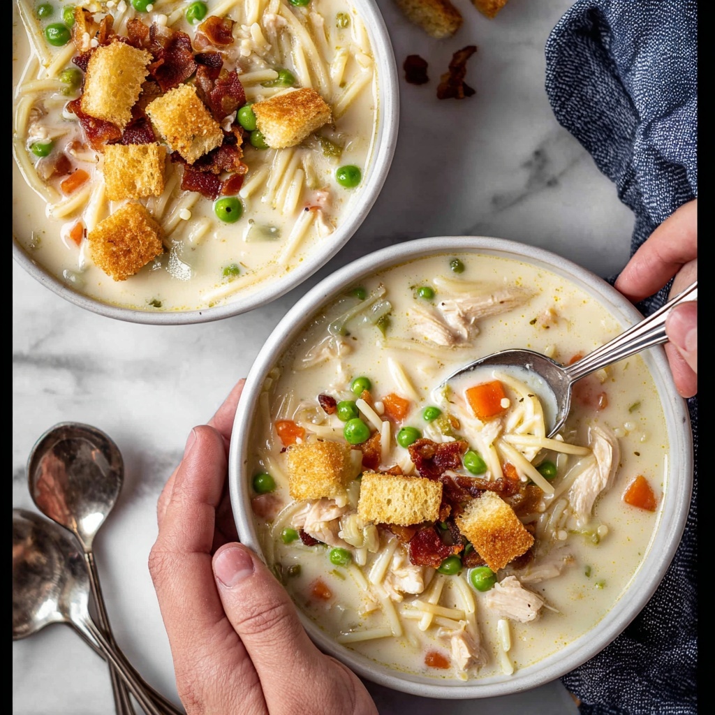 Creamy Chicken Noodle Soup with Mini Croutons and Crispy Bacon Recipe - Recipe Image