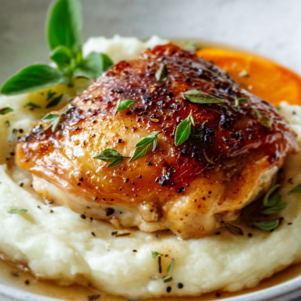 Garlic Herb Chicken Thighs with Mashed Potatoes and Honey-Glazed Carrots Recipe - Recipe Image