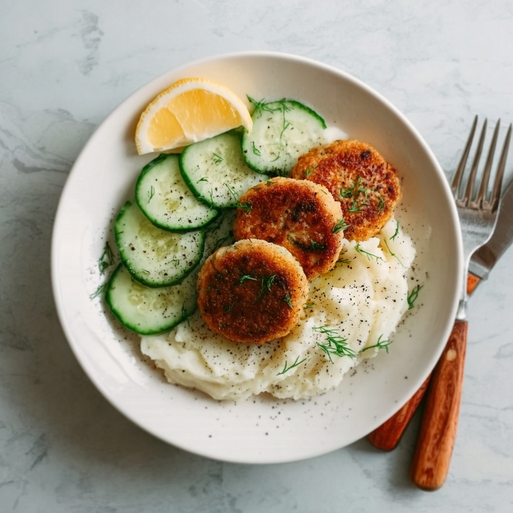 Baked Chicken Rissoles with Lemon, Mashed Potatoes, and Garlic Cucumber Salad Recipe - Recipe Image